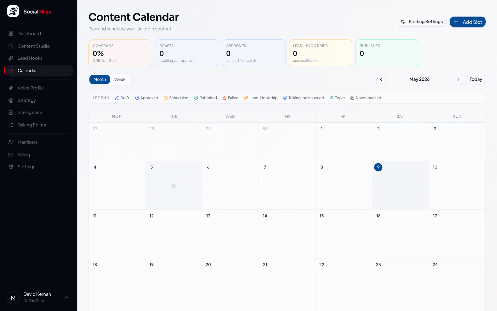 Content calendar showing scheduled posts across the week